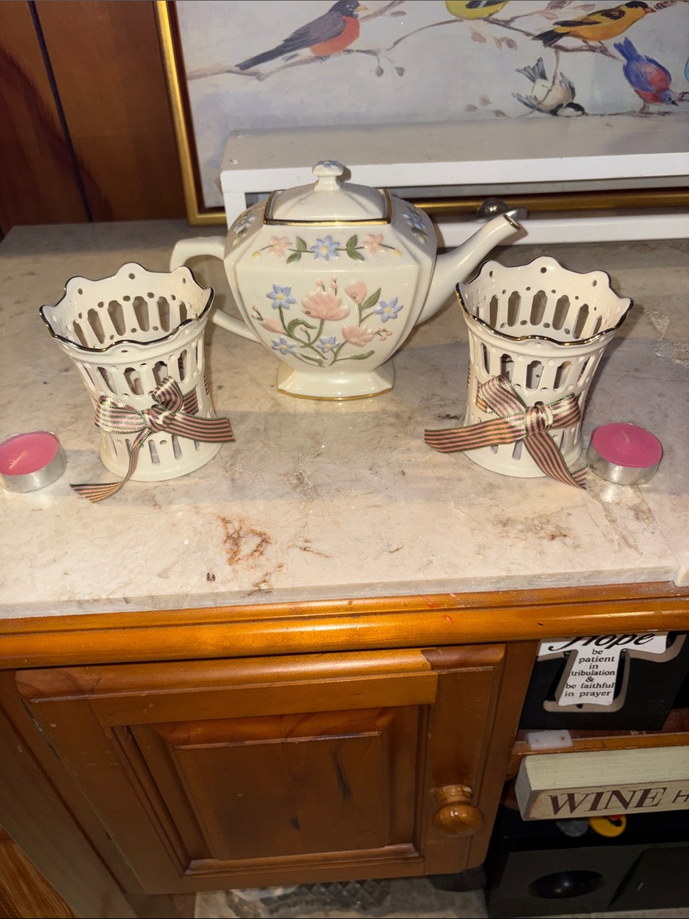 Lenox bundle Floral Porcelain Teapot with Cream Ceramic Holders - Cream